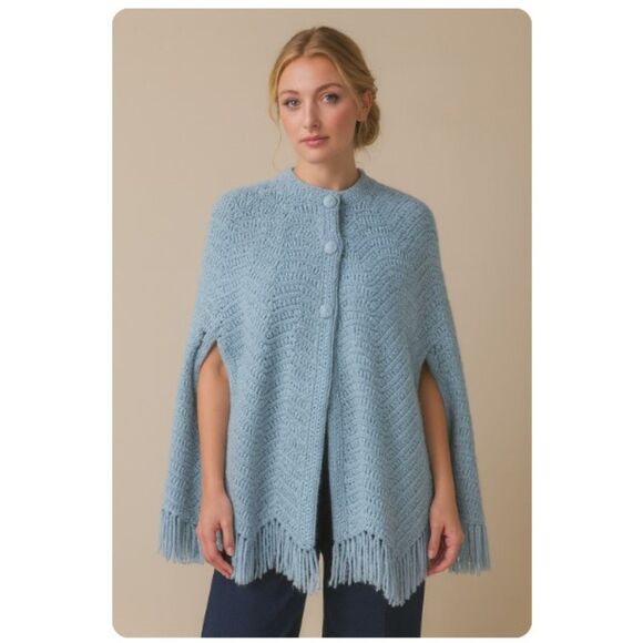 Hand Crocheted Cardigan Shawl Vtg 70s Blue Fringed Sweater Side Arm Slits Sz XL - Picture 1 of 6